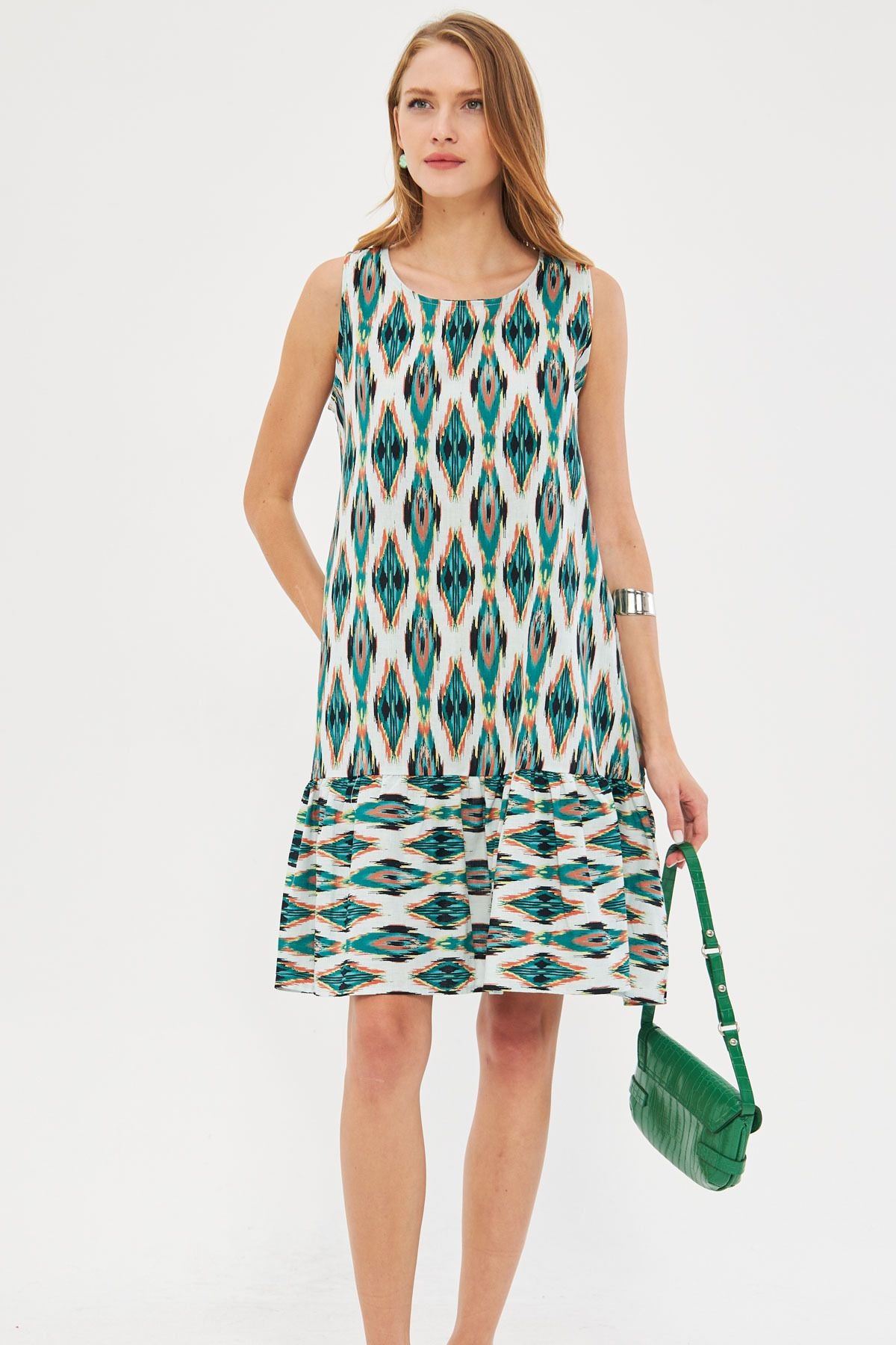 Woman Green Patterned Sleeveless Skirt Ruffed Dress ARM-22K001142