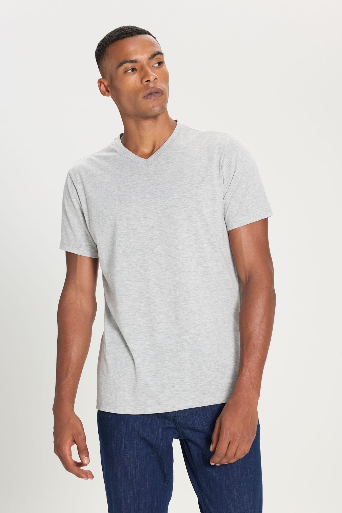 Men's cotton V -neck gray melanj Slim fit narrow cut T -shirt