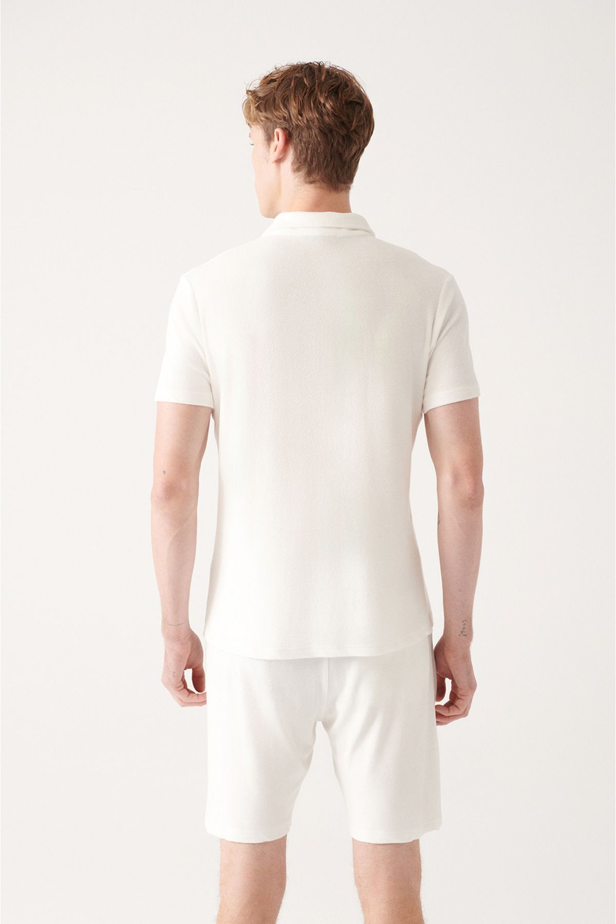 Men's White Soft Touch Towel Marine Printed Polo Yaka T-shirt A31y1033
