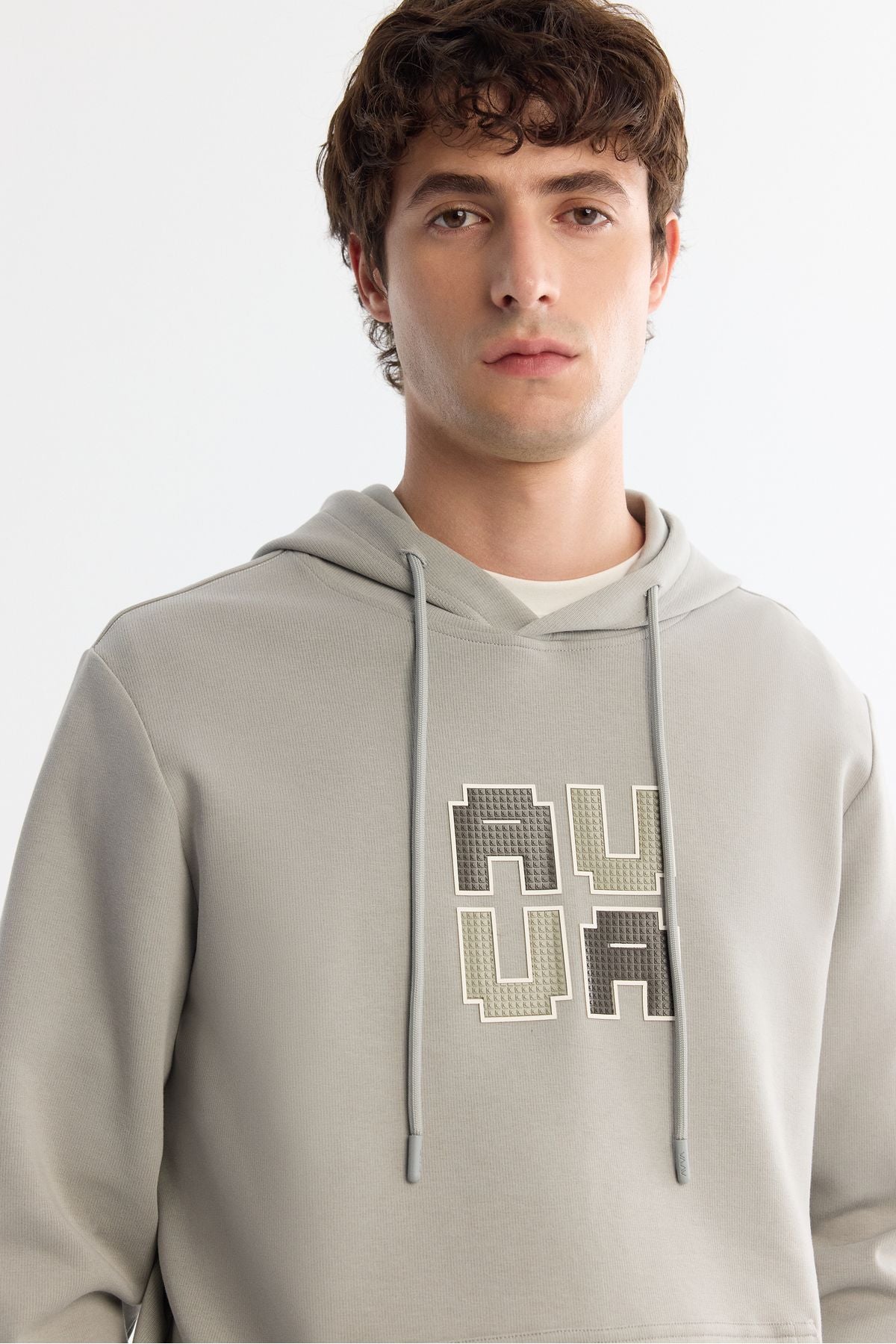 Men's gray hooded cotton printed elastan sweatshirt a42y1324