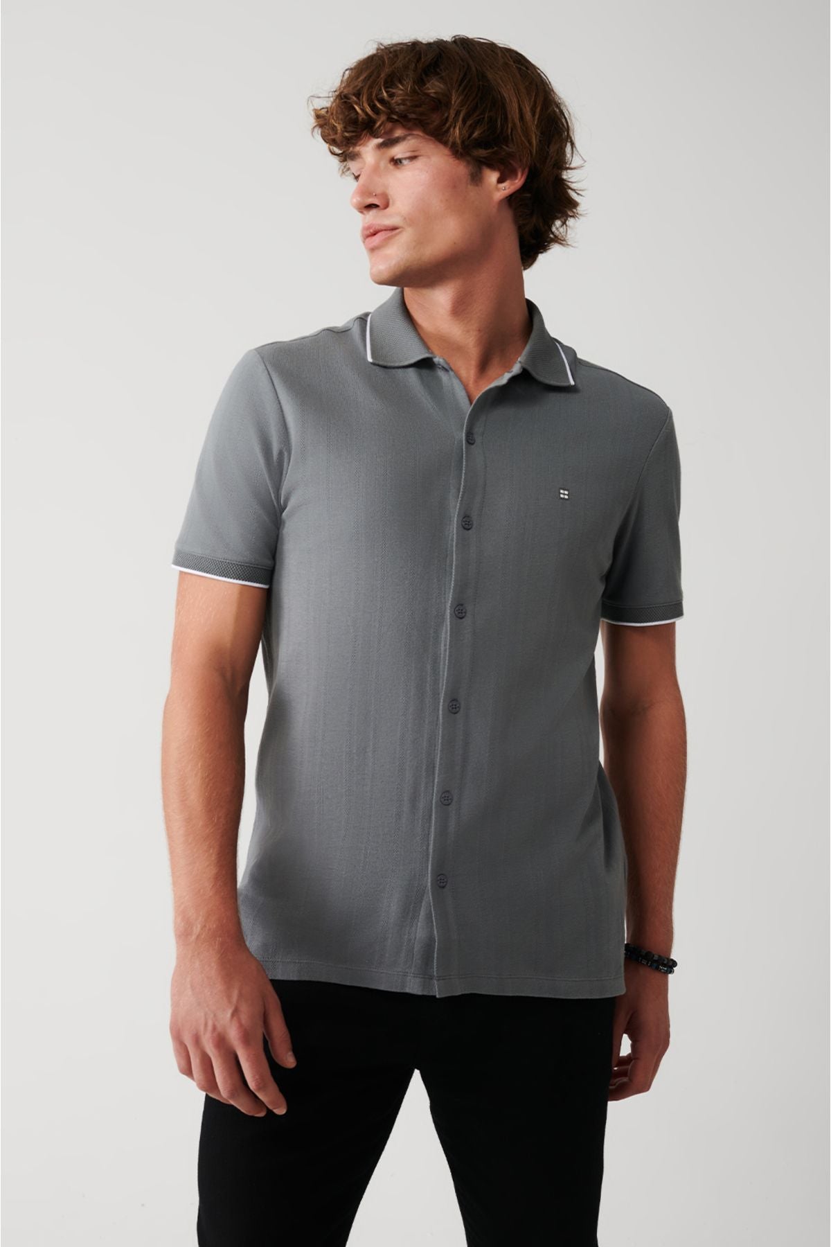 Men's Gray 100 %Cotton Ribana Short Sleeve Shirt A31y2239