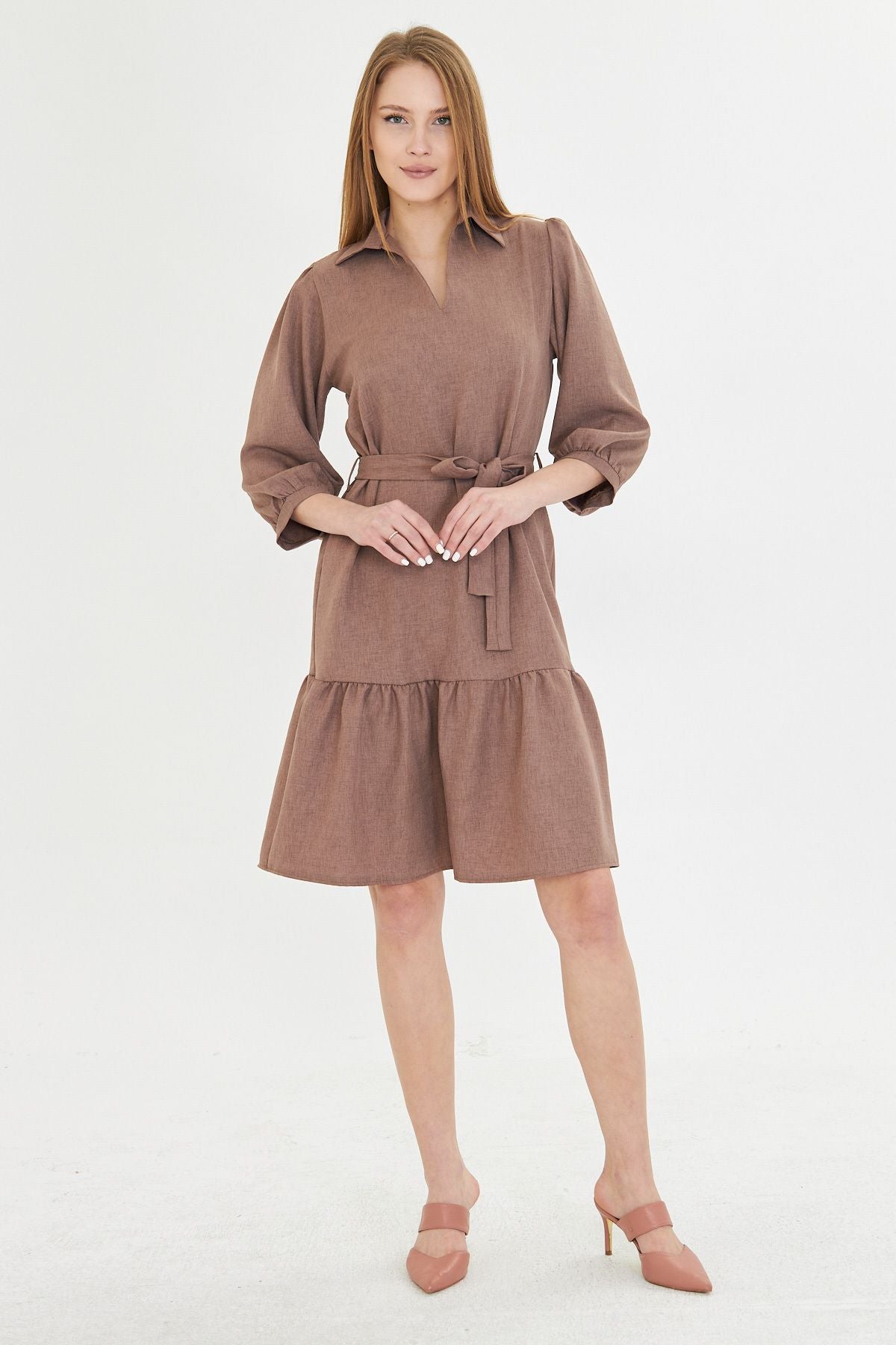 Female mink shirt collar quarter arm waist belt skirt shirred dress ARM-25Y001010