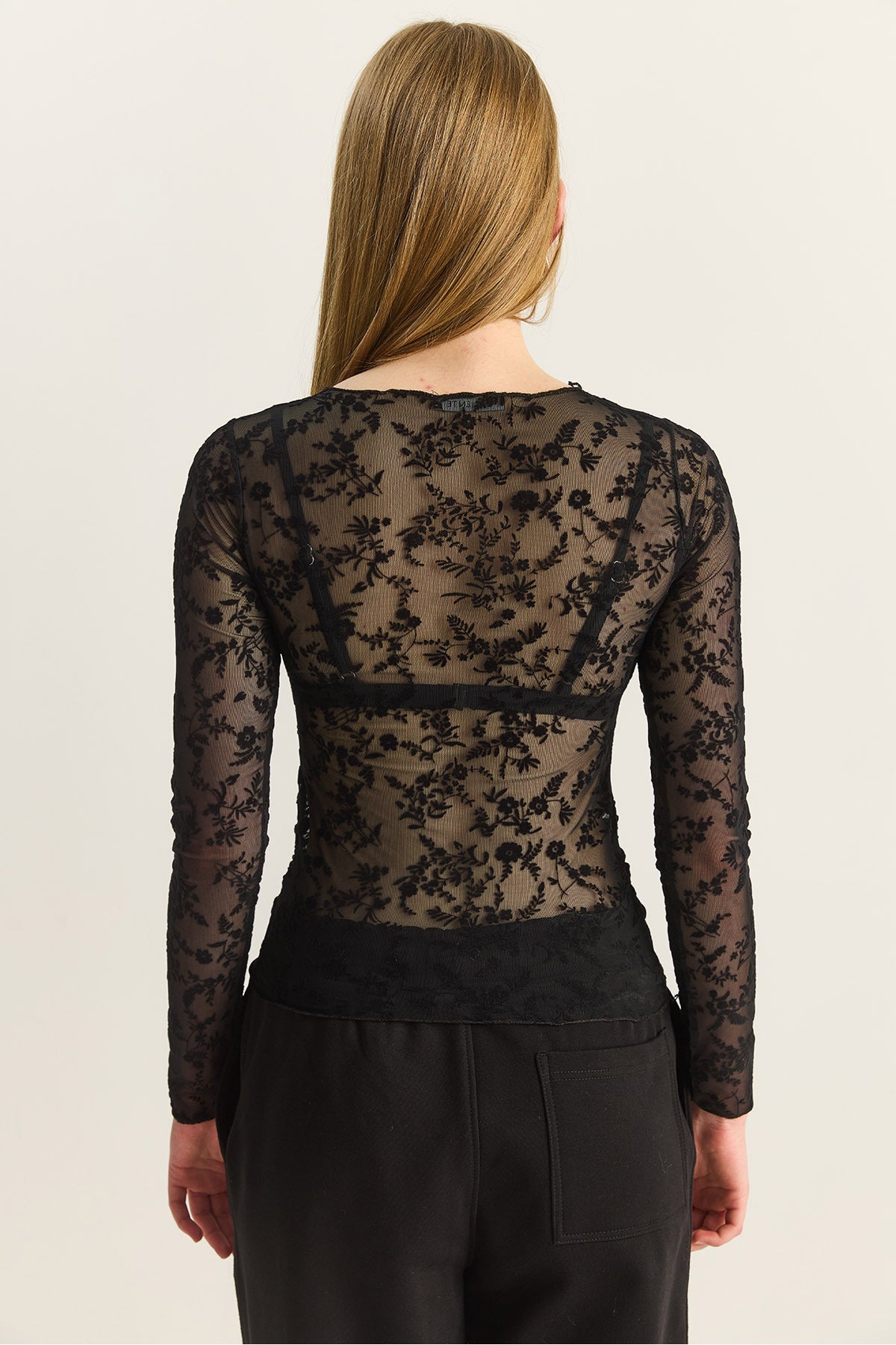 Women's Crew Neck Gathered Sides Flower Patterned Transparent Tulle Blouse 6114 60283924