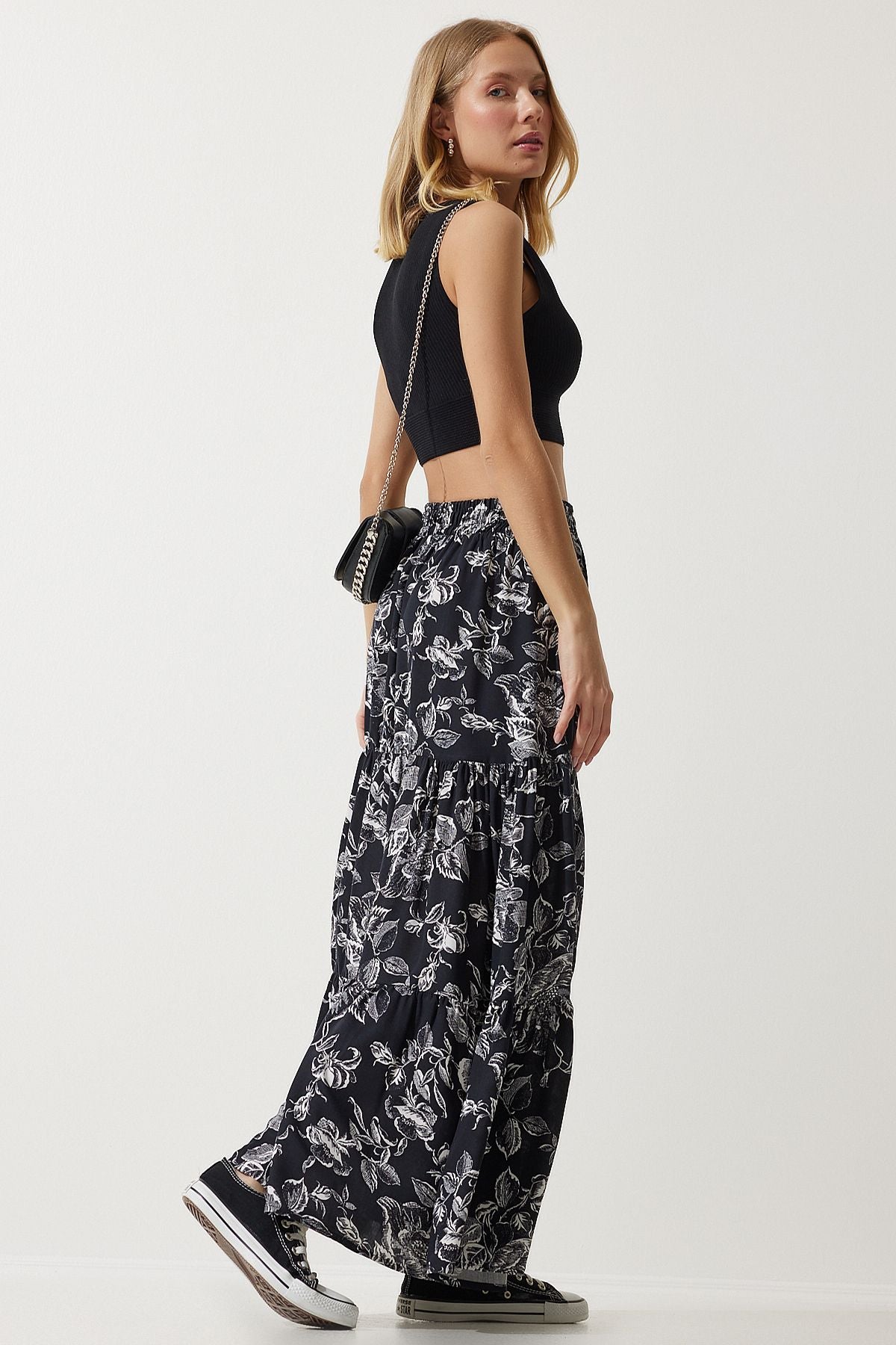 Female Black Flower Patterned Volan Viscose Skirt DD01310