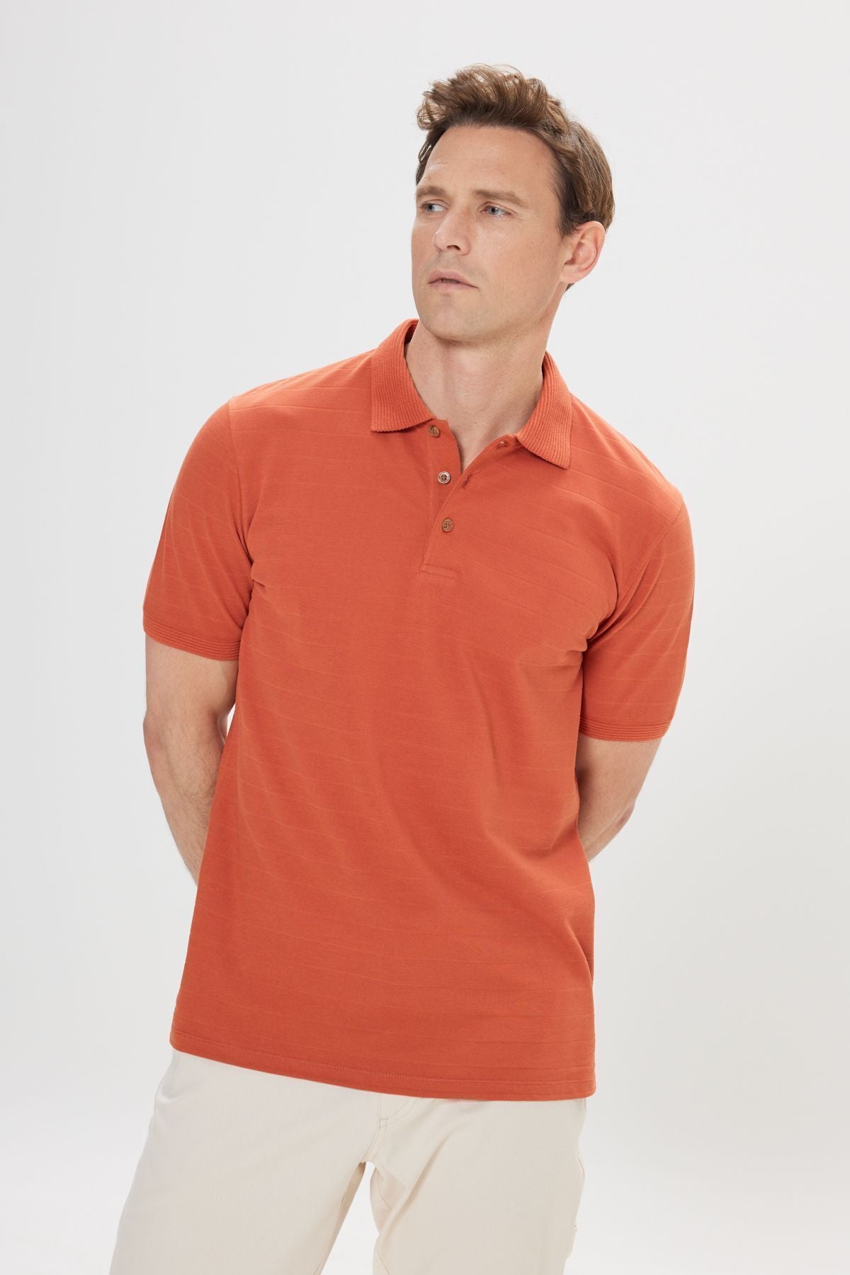 Men's Tile Slim Fit Narrow Cutting 100 %Cotton Jacquard Polo Yaka T -shirt