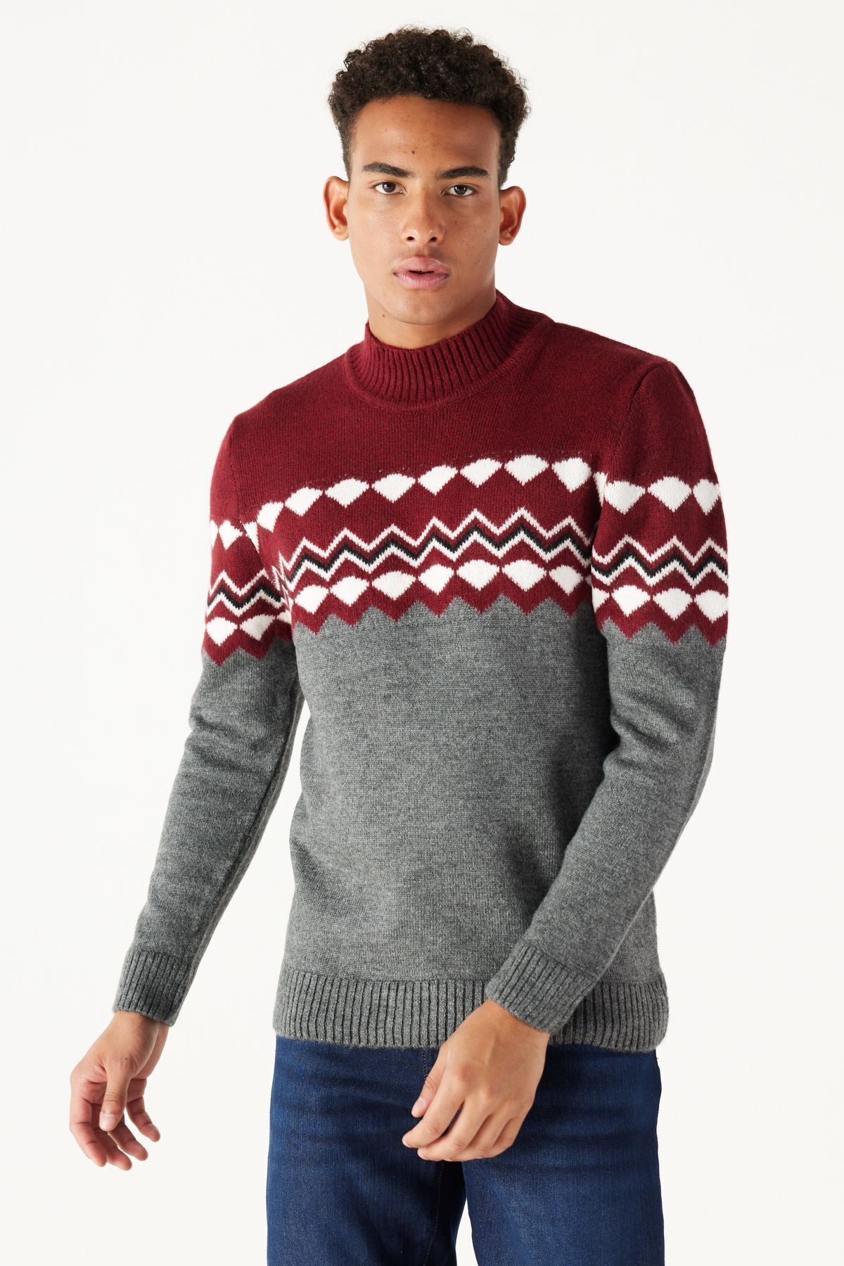 Men's Bordeaux Cleaper Standard Fit Half Fisherman Neckline Soft textured knitwear sweater