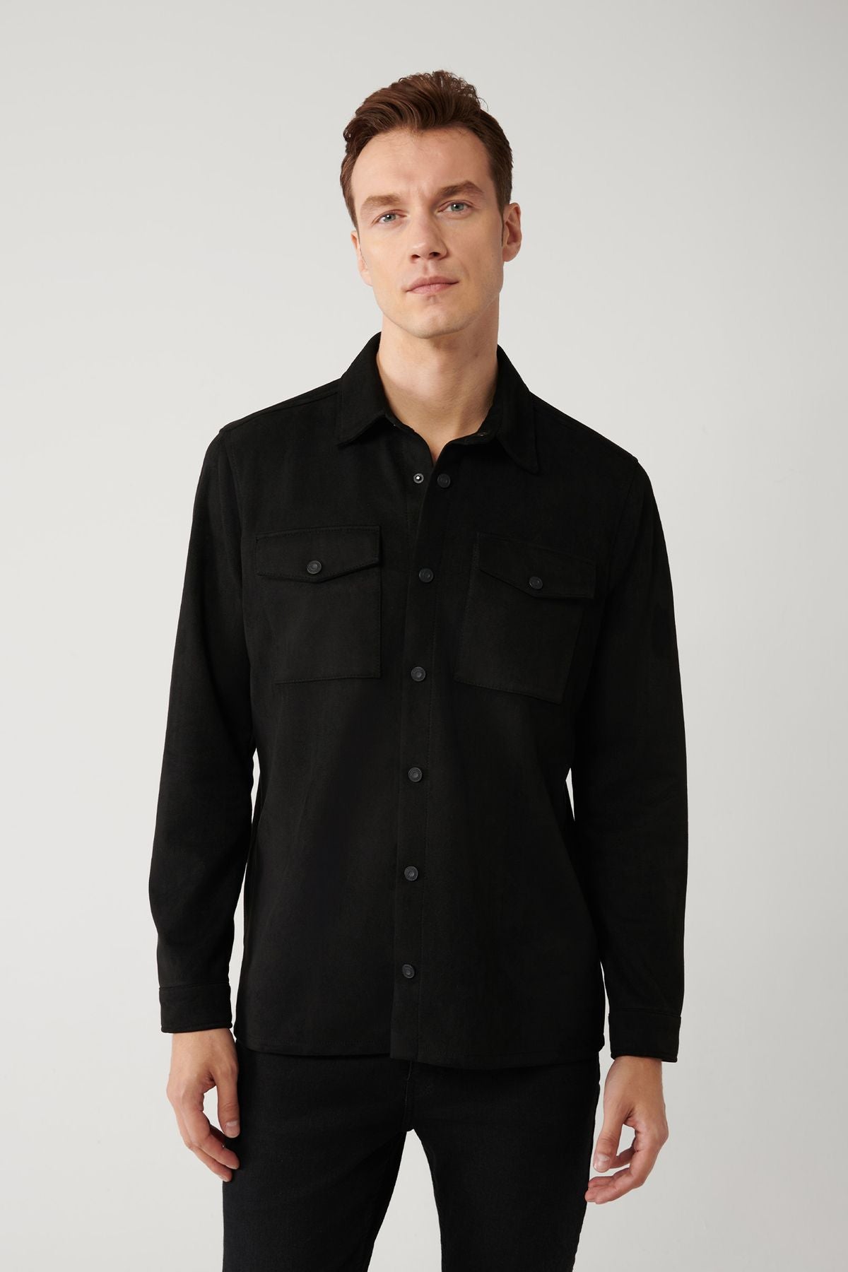 Men's black suede -looking front with a snap pocket Fine Mont shirt A41y6010