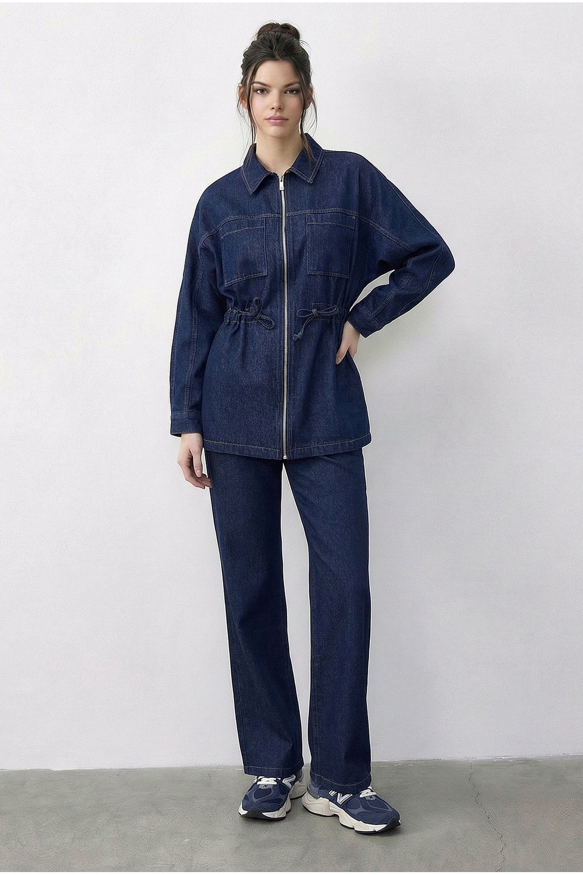 Women's Zippered Waist Tie Pocket Detailed Denim Bottom-Top Set 60597 60286011