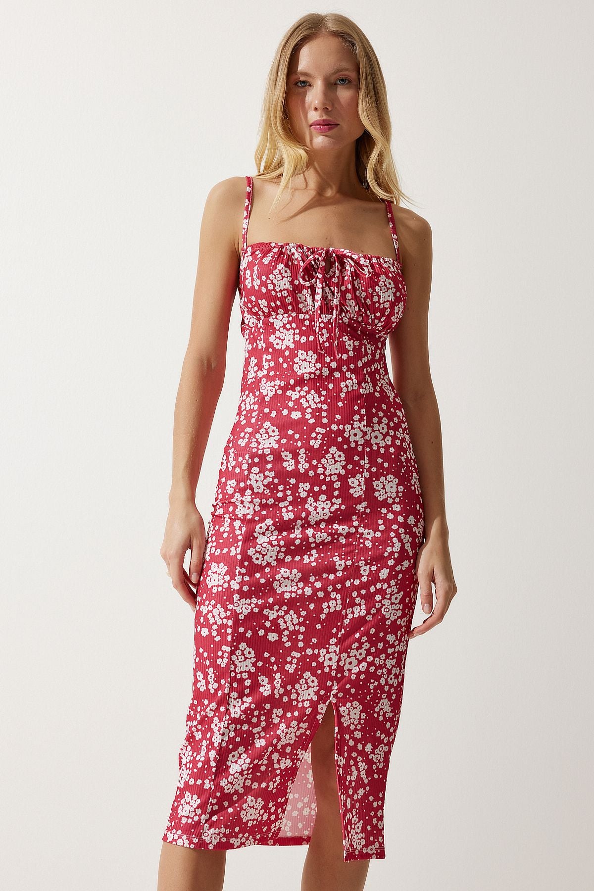 Woman Pink White Flower Slit Summer Knitting Dress CI00029