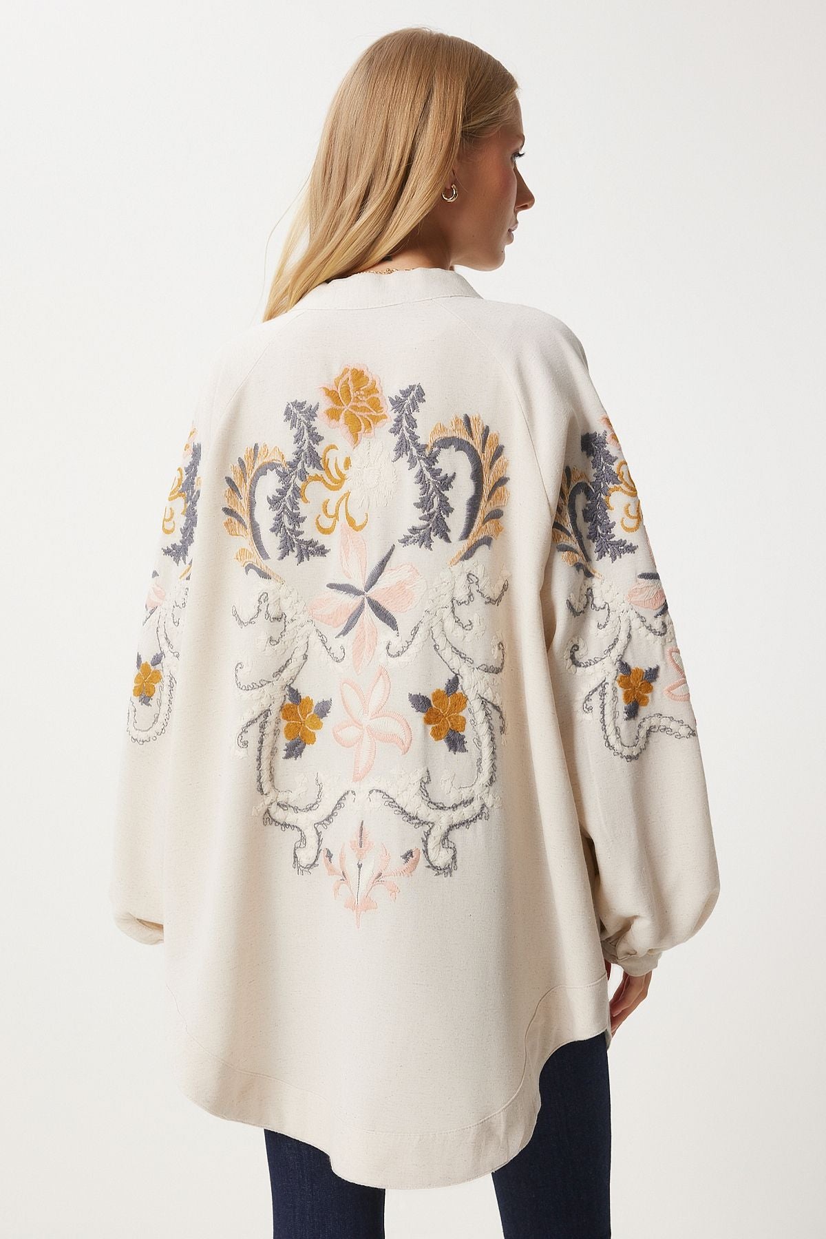 Women's Cream Orange Embroidered Kimono Or00005