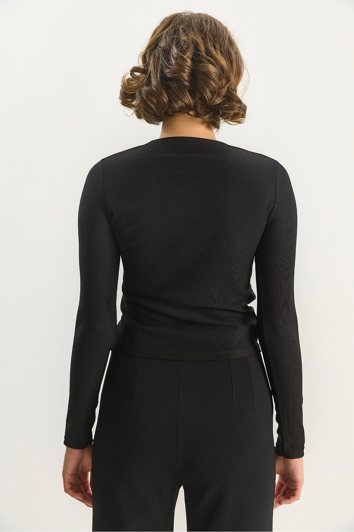 Women's Crew Neck Asymmetrical Cut Corduroy Blouse with Accessory Detail 2279 60283703