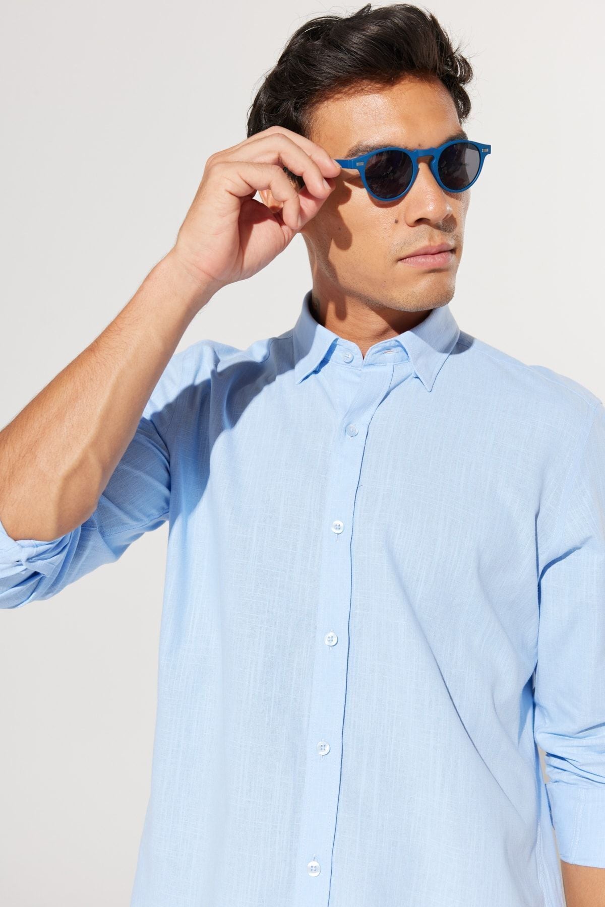 Men's blue 100 %cotton breathing fabric oxford slim fit button with collar pennant shirt