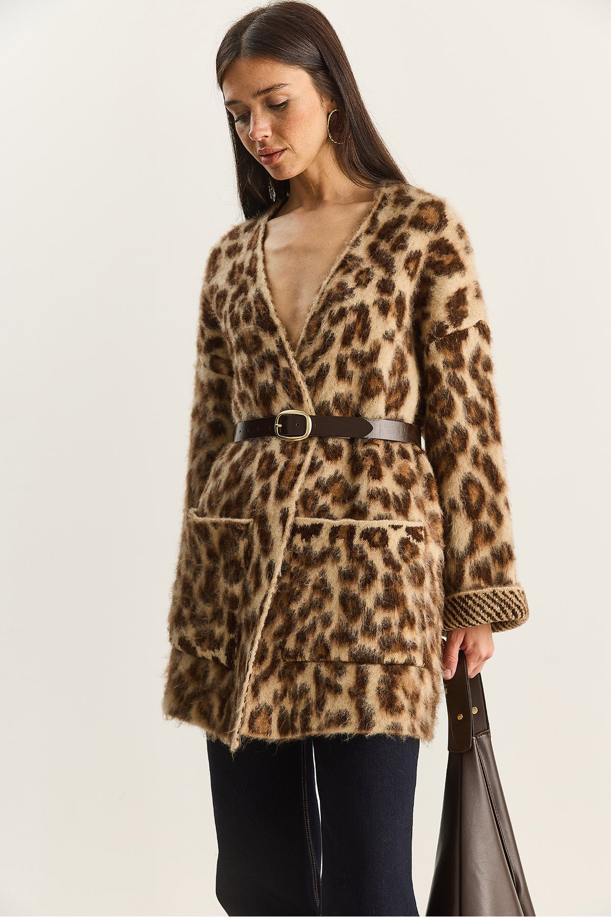 Women's Pocket Detailed Patterned Oversize Rose Gold Knitted Cardigan 20251101