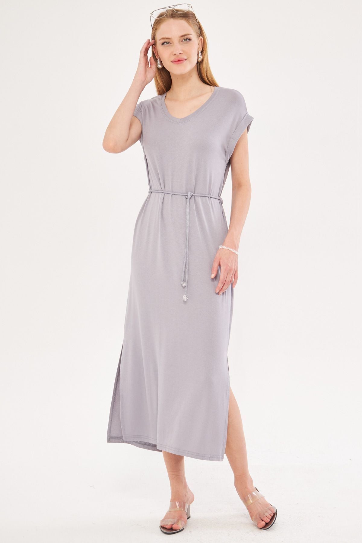 Women's gray v-neck waist belt sides with slits long dress ARM-24Y024016