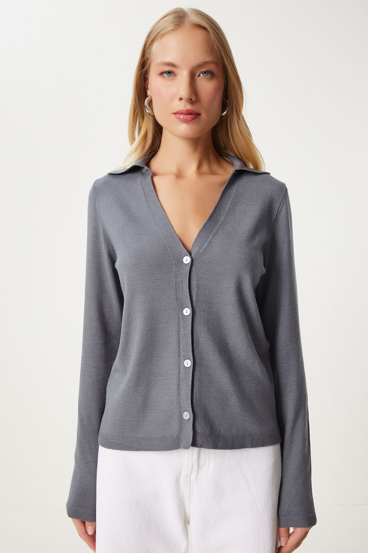 Women's Gray Polo Yaka Seasonal Triko Cardigan FN03301