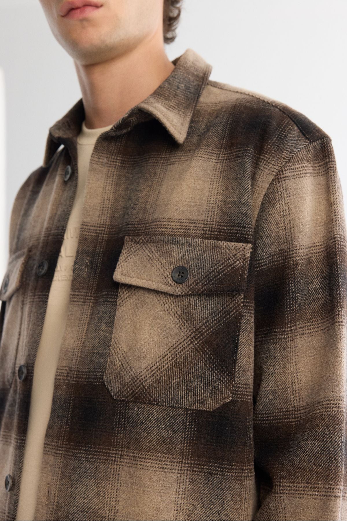 Men's Coffee Classic Neck Cotton Plant woolen shirt jacket A42Y2116