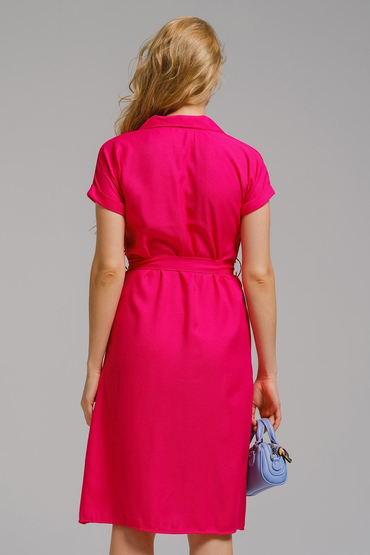 Women's Fuchsia Waist Belt Short Sleeve Shirt Dress ARM-19Y001068