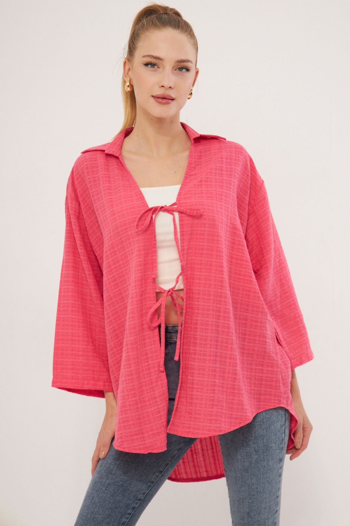 Fuchsia shirt collar with front lace-up kimono shirt ARM-25K001006