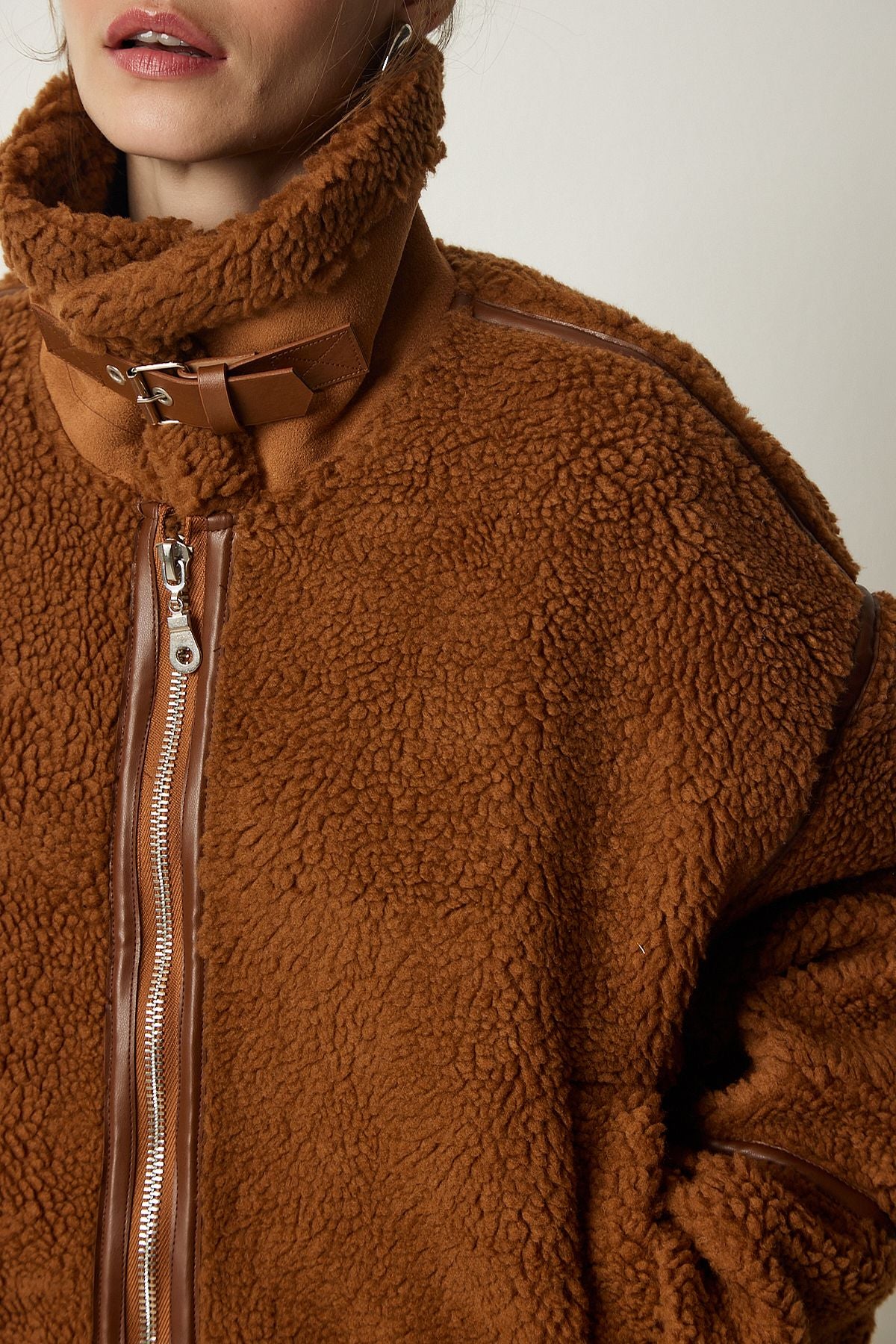 Female Brown Artificial Fur Biker Jacket FN03153