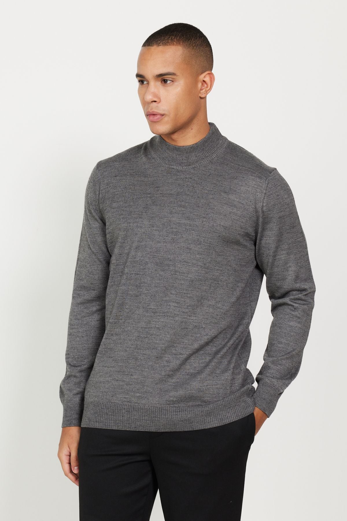 Standard Fit Normal Cut Full Fisherman Yaka Anthracite-Melanj knitwear sweater