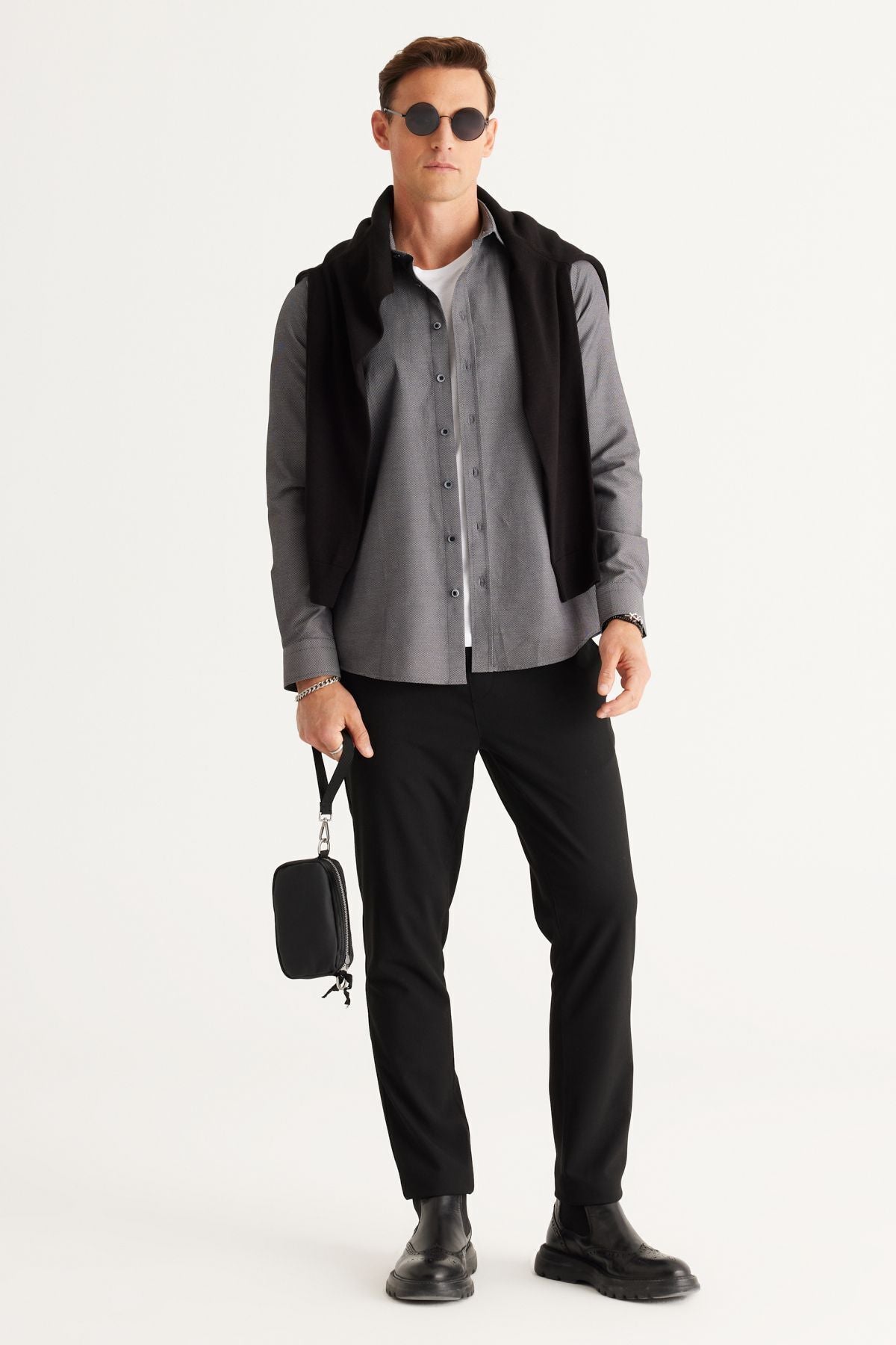 Men's black slim fit narrow -cut classic collar Amesticated cotton shirt