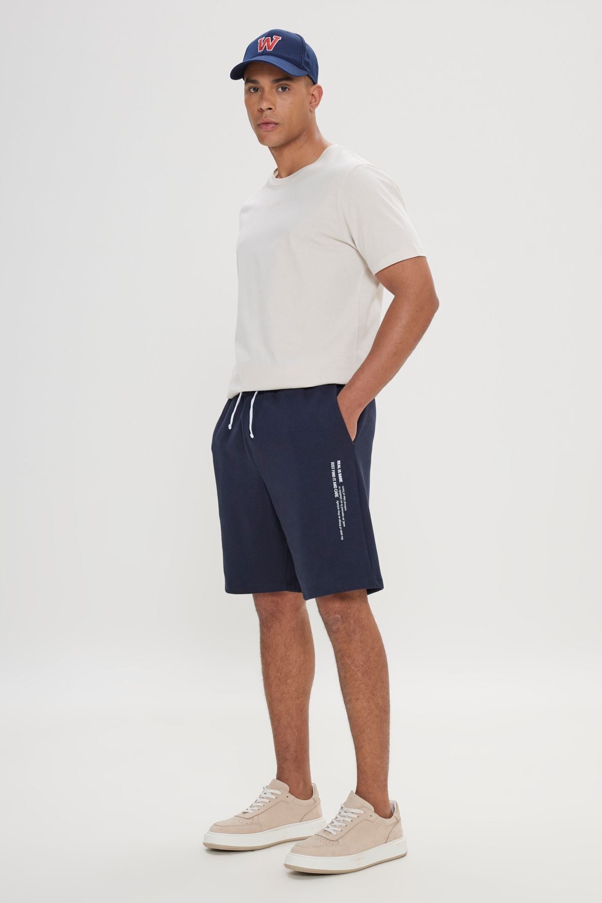 Men's Navy Blue Standard Fit Normal Cutting Pocket Casual Knitting Shorts