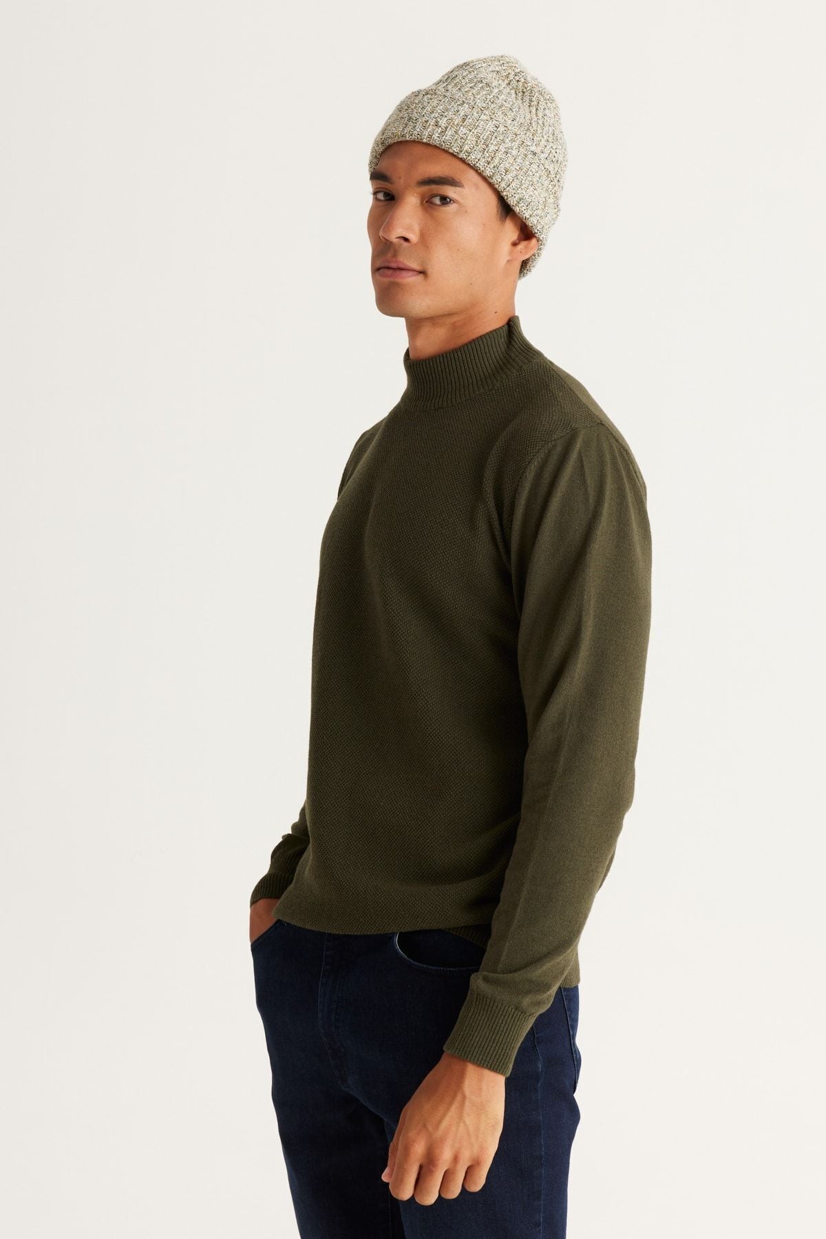 Men's Khaki standard fit normal cut half fisherman collar cotton knitwear sweater