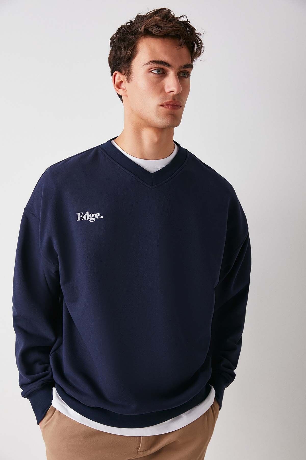 Off Men's V -Neck Writing Embroidered Içi Poleless Navy Blue Sweatshirt