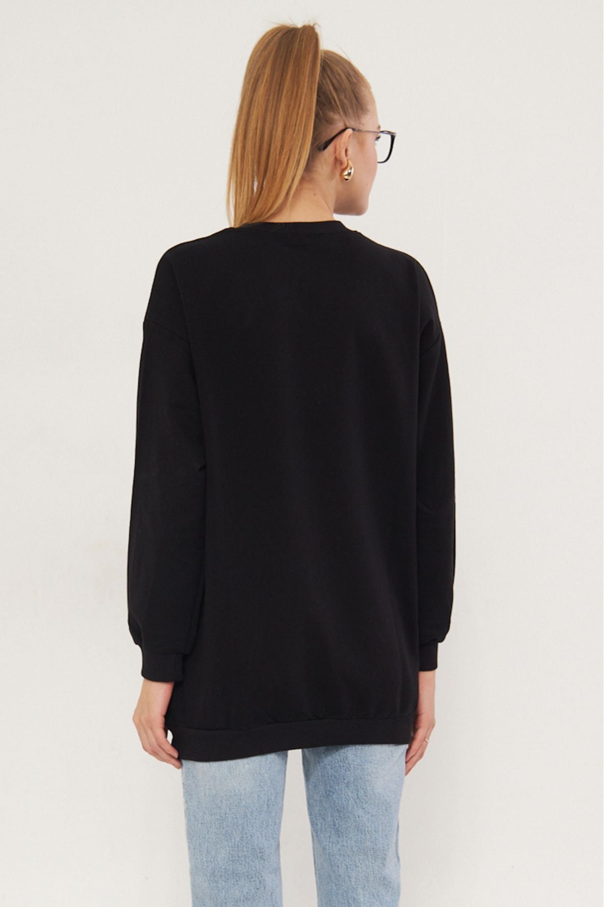 Woman Black Zero Neckline Long Sweatshirt Arm-25k024004