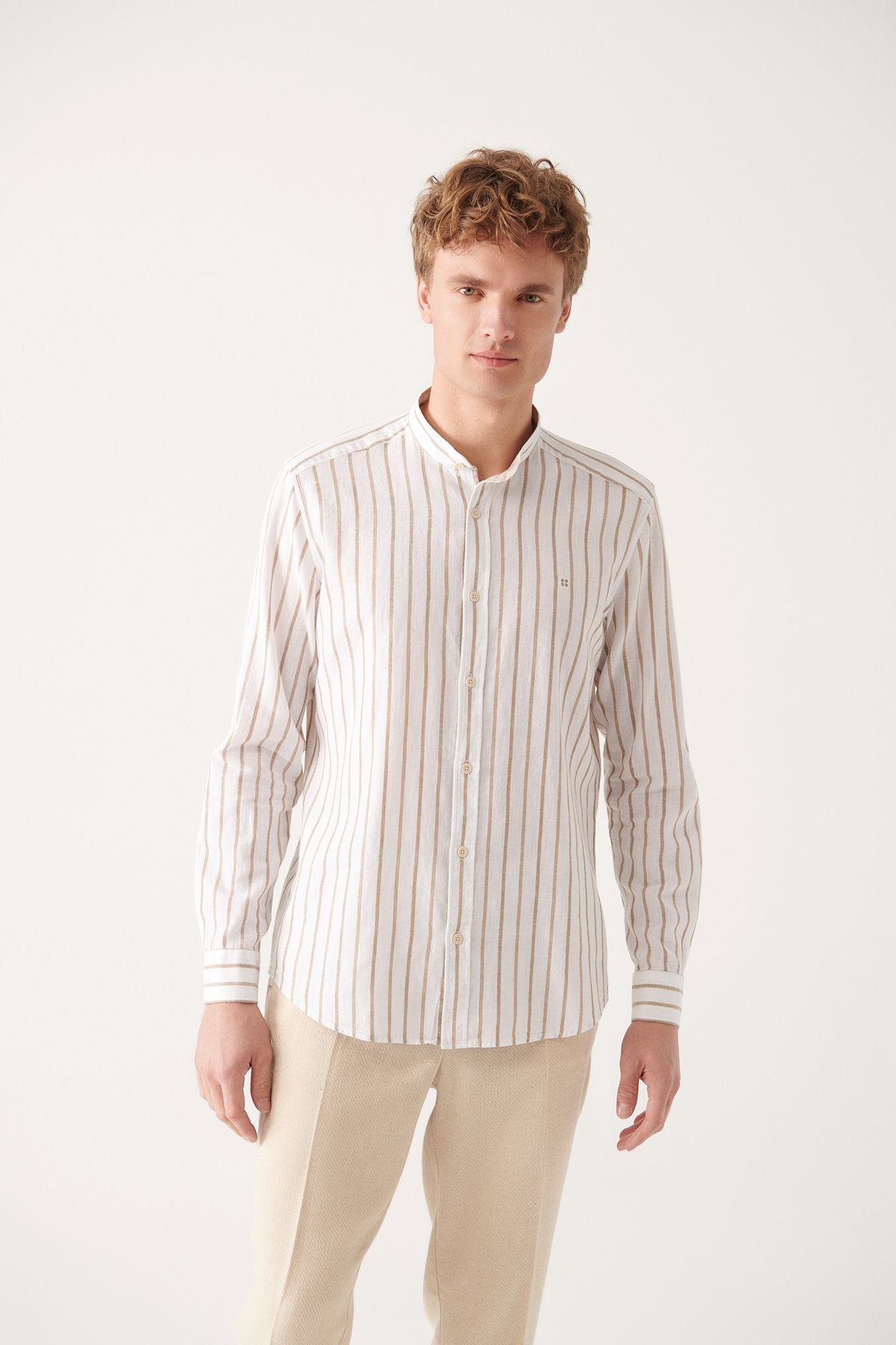 Men's Beige Dominated Cake Striped Cotton Shirt with Linen A31Y2076