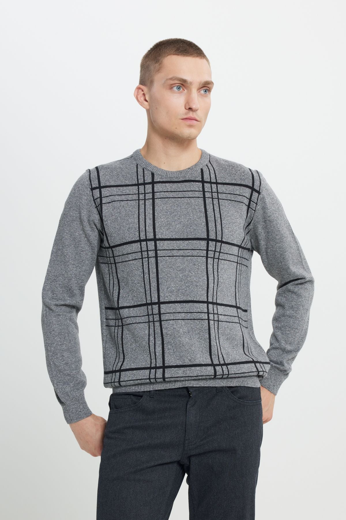 Men's Gray-Ekru Standard Fit Normal Cut Bike Cotton Cotton Patterned Knitwear Sweater