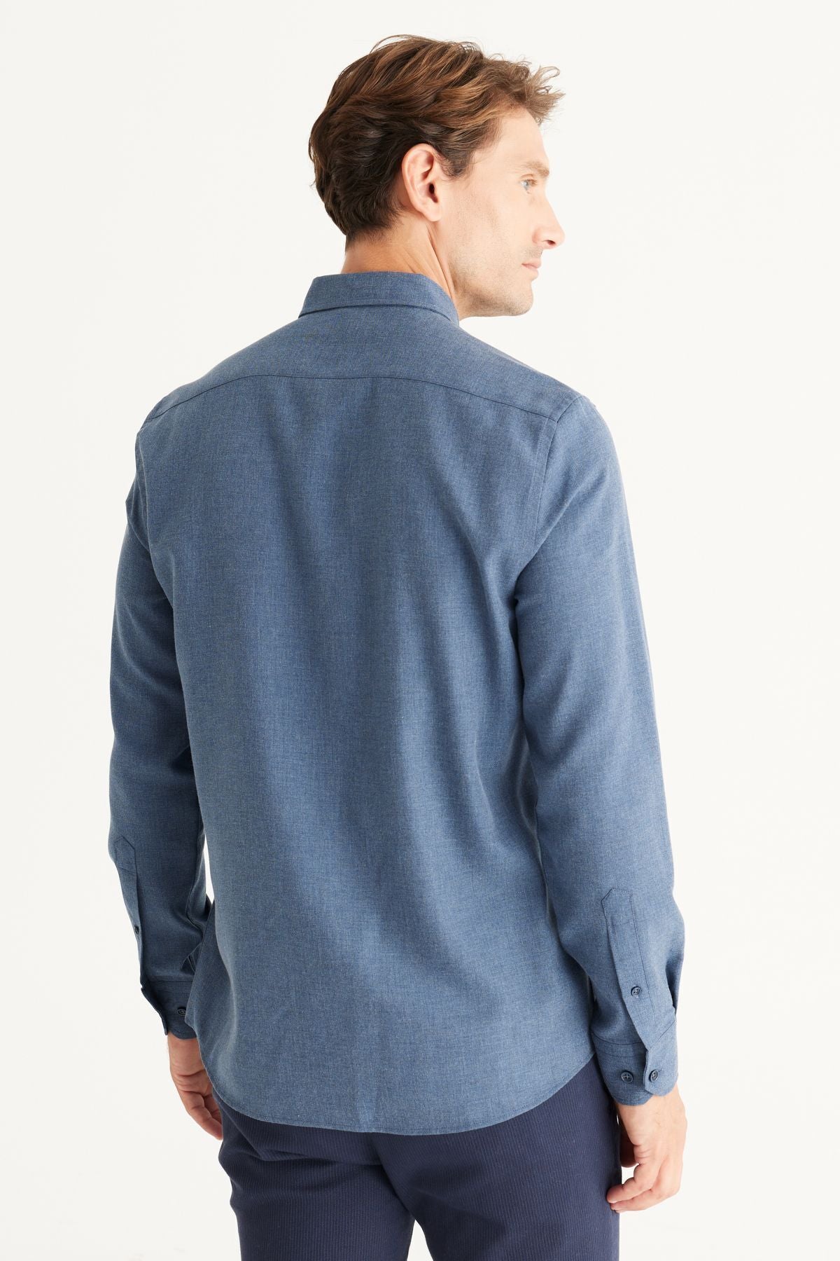 Men's indigo slim fit narrow cut buttoned collar cotton flannel wood shirt