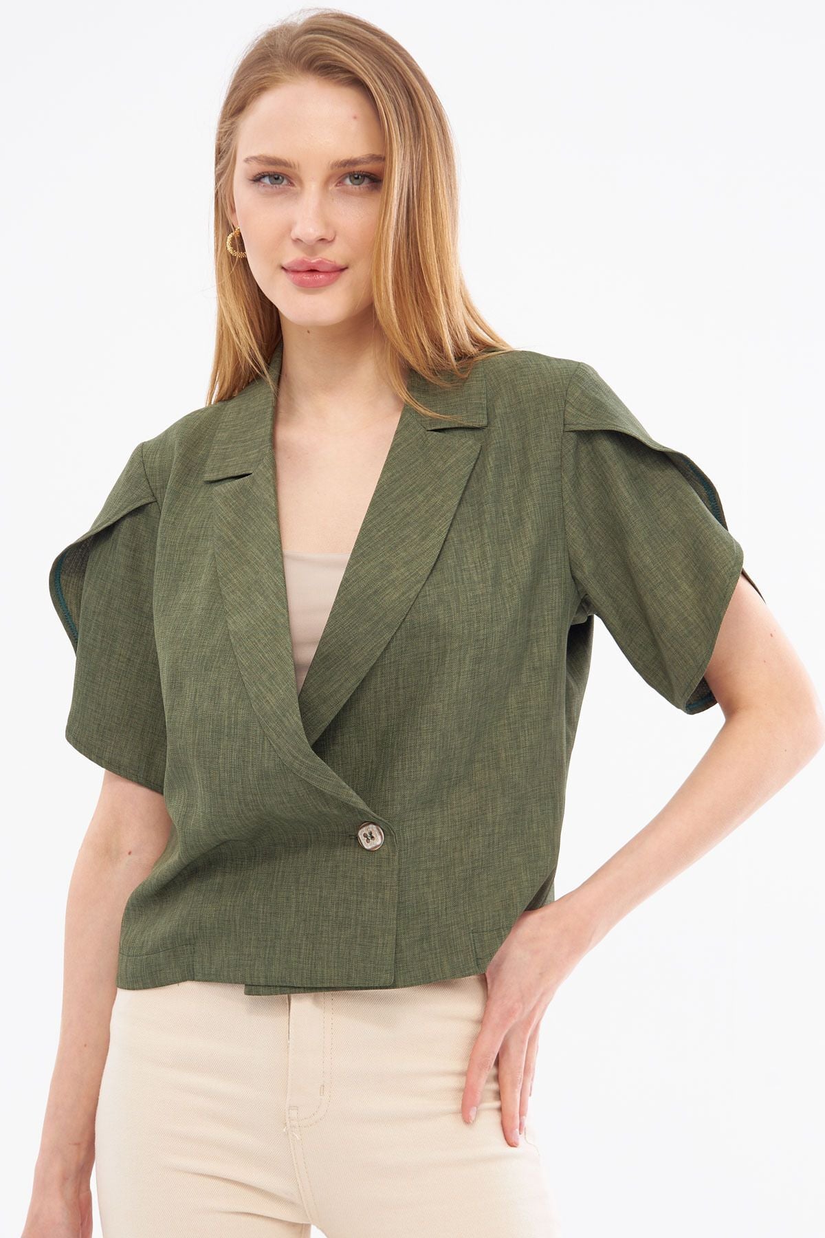 Women's Khaki Band Slit Detail Crop Short Sleeve Jacket ARM-24Y001048