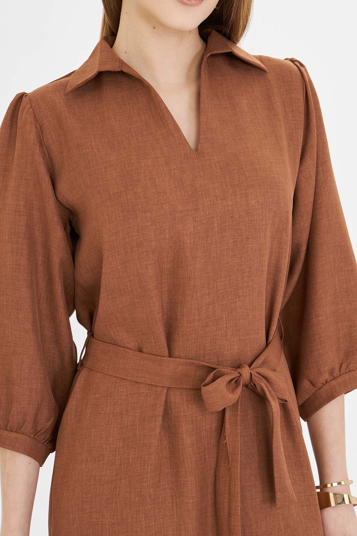 Female Taba Shirt Neck Quarter Arm Waist Belled Skirt Shirred Dress ARM-25Y001010