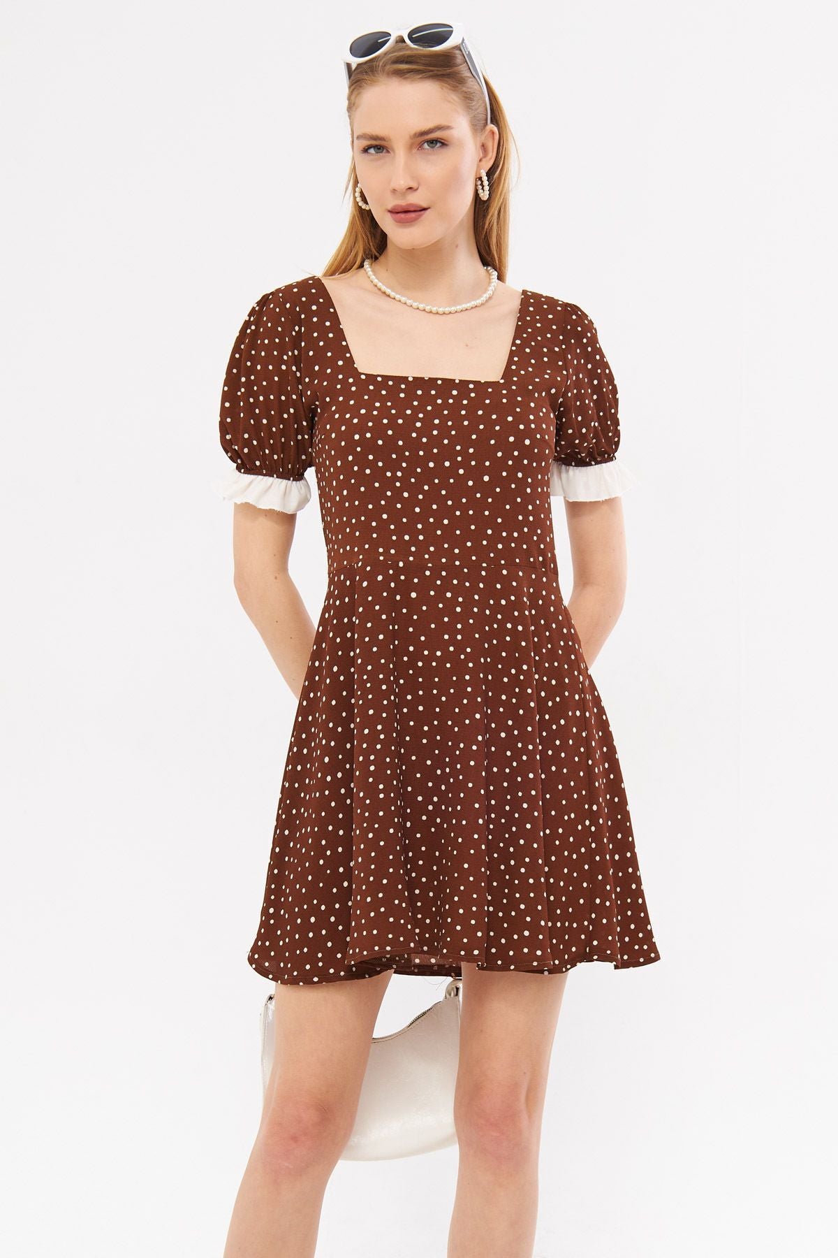 Female Coffee Front Rear Square Ruffle Detail Drthm Watermelon Watermelon Kloş Mini Dress ARM-24Y001051