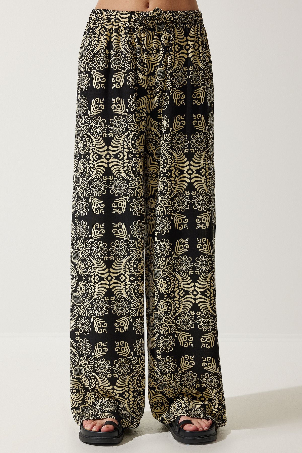 Female Black Beige Patterned Raw Linen Palazzo Pants BH00397