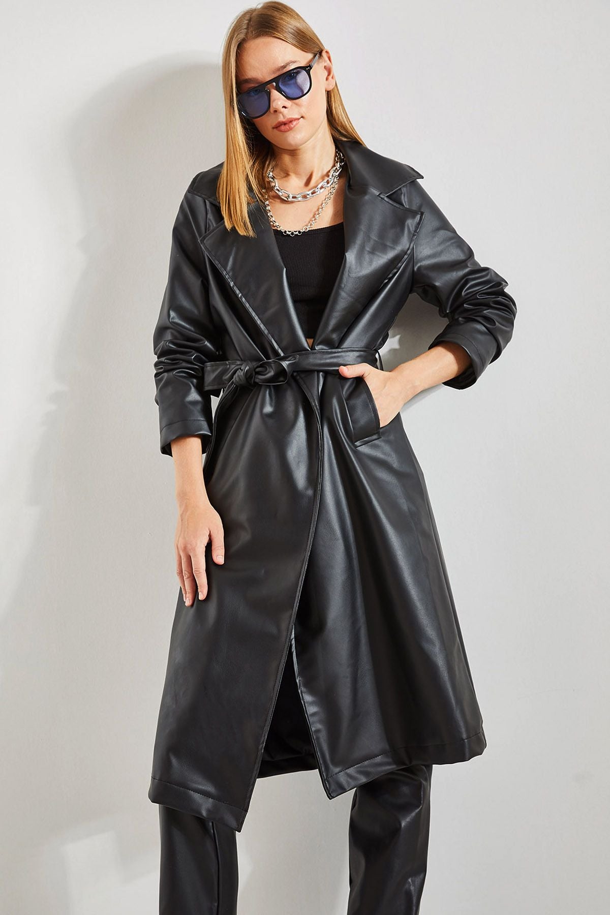 Women belt leather coat