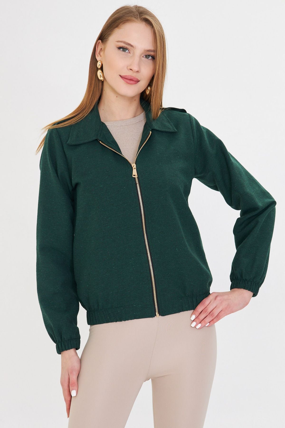 Female emerald front zipper gabardin coat ARM-22K001068