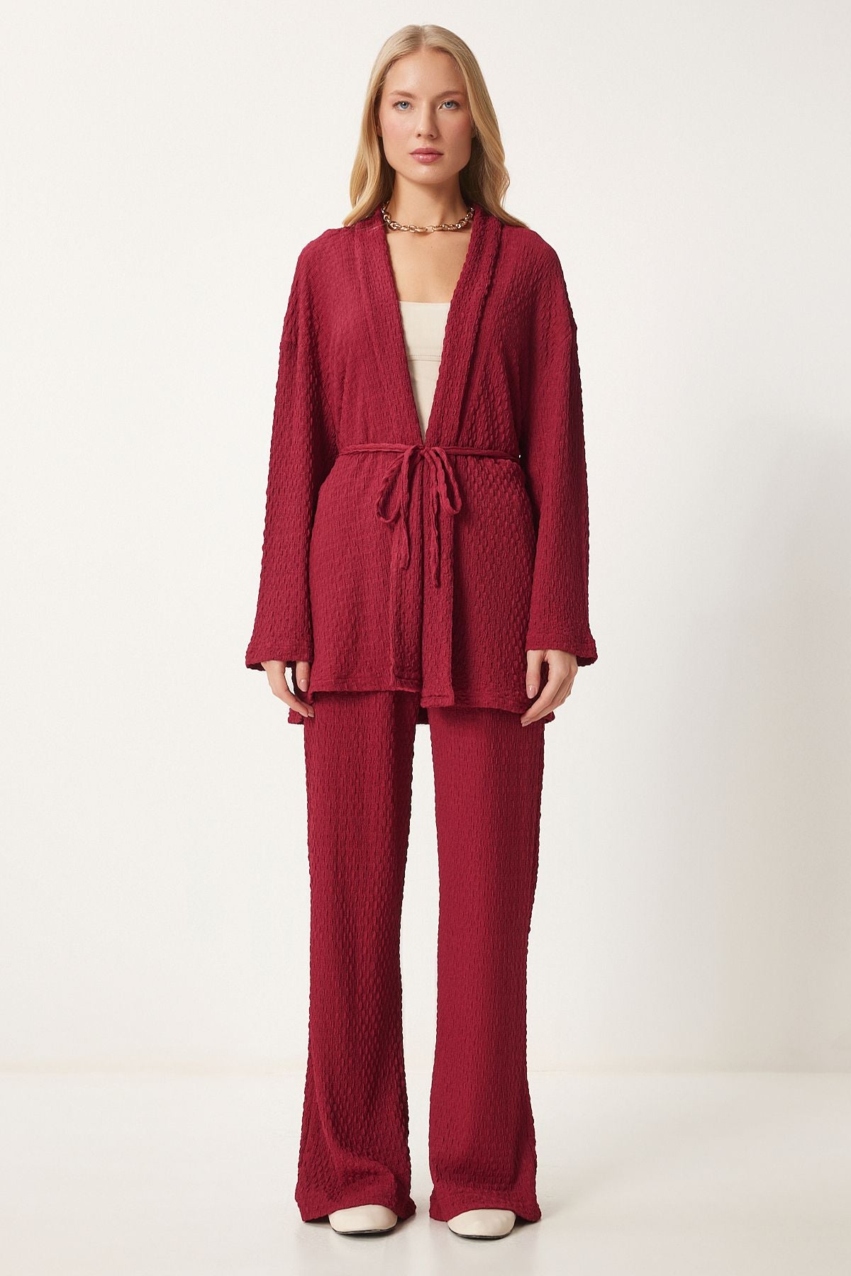 Female burgundy textured knitted kimono pants set RG00046