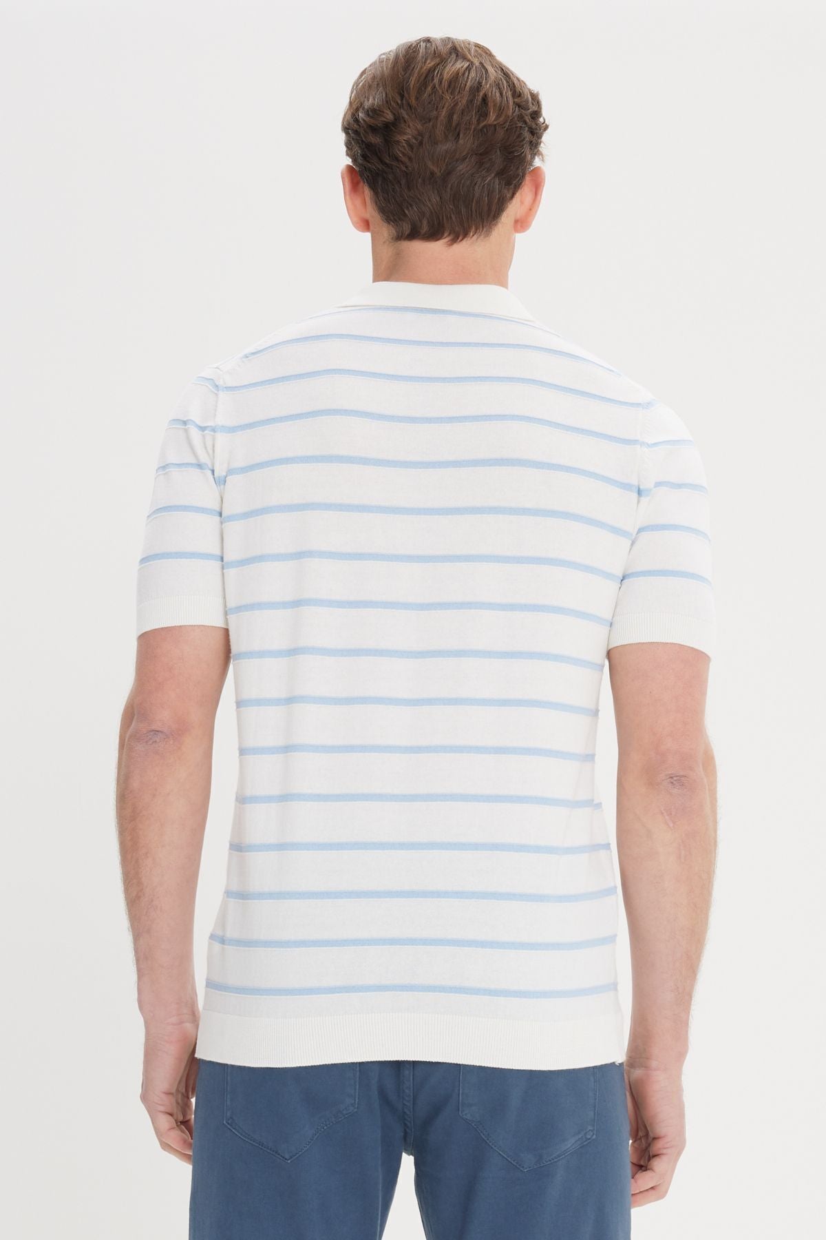 Men's Ecru-Blue Standard Normal Cutting 100 %Cotton striped Polo Yaka Triko T-shirt