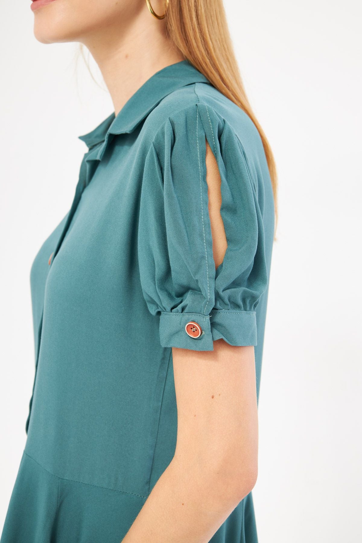 Female turquoise shirt collar handle slit detailed closh watermelon sleeve dress ARM-24Y001083