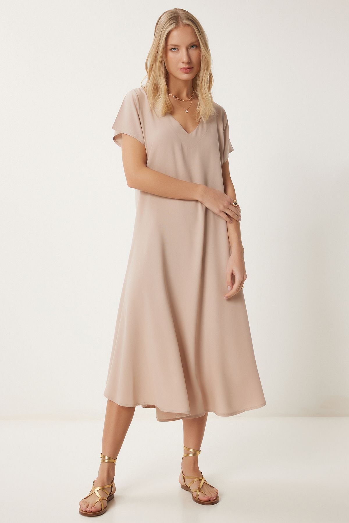 Women's Cream V -Neck Summer Casting Viscose Dress EN00612