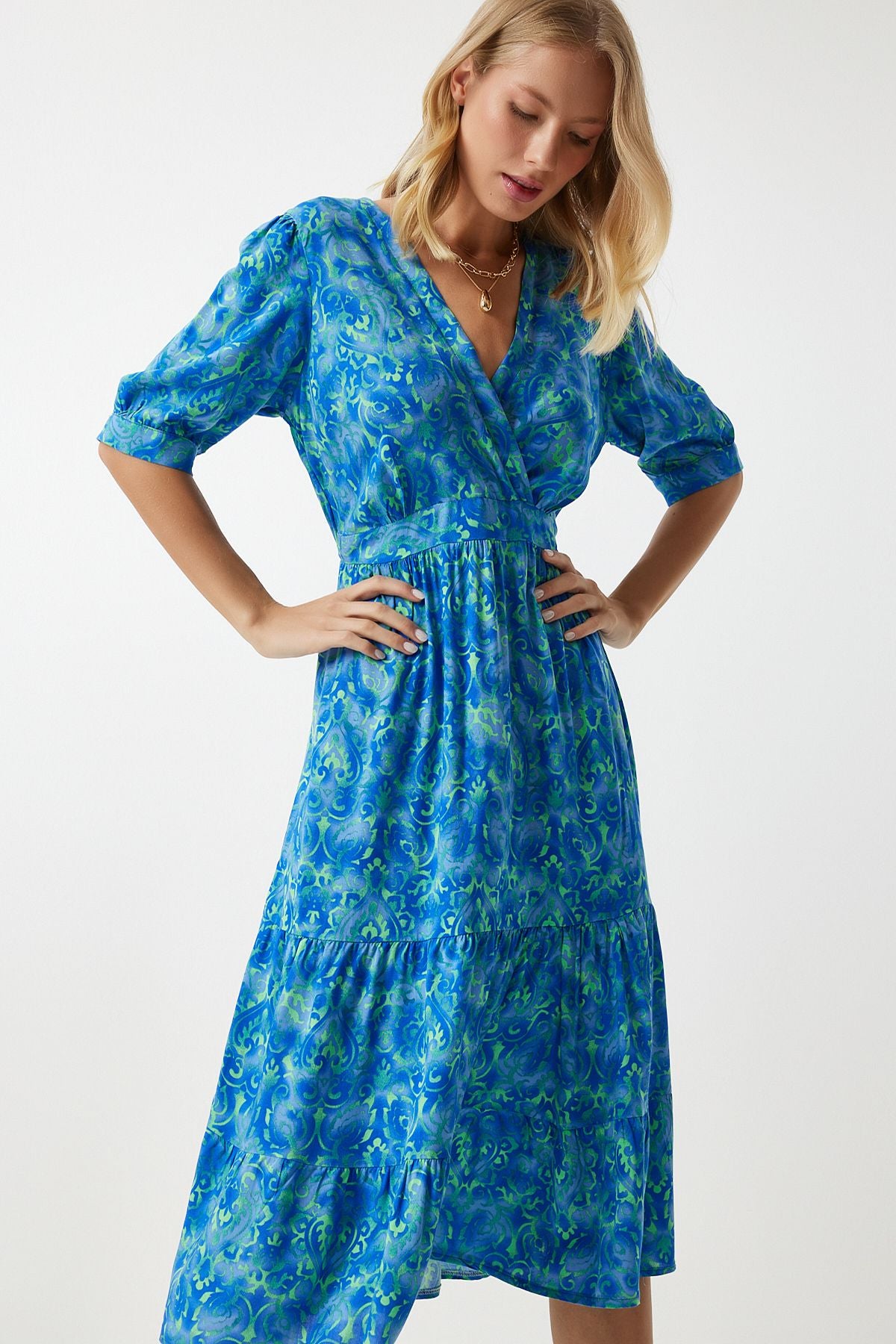 Woman Blue Green Anvelop Yaka Floral Summer Viscose Dress RV00128