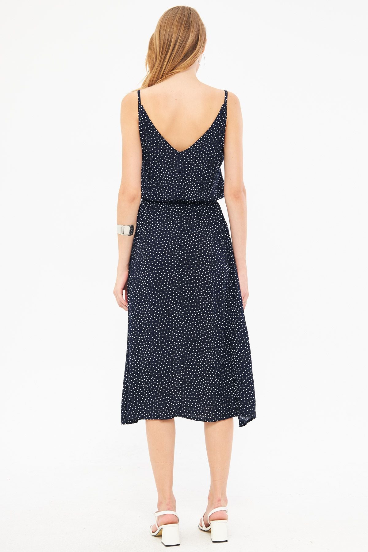 Female navy blue strap V-neck waist tire midi height patterned cloch dress ARM-24Y001103