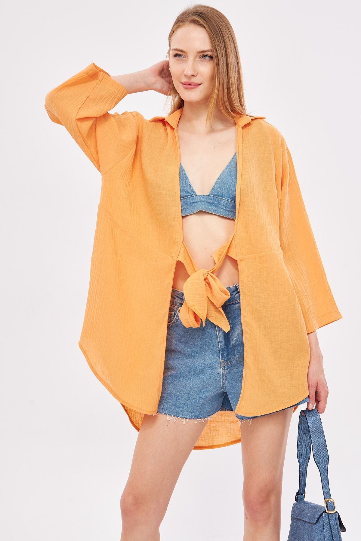 Female puppies with linen-looking front kimono shirt ARM-24Y001063