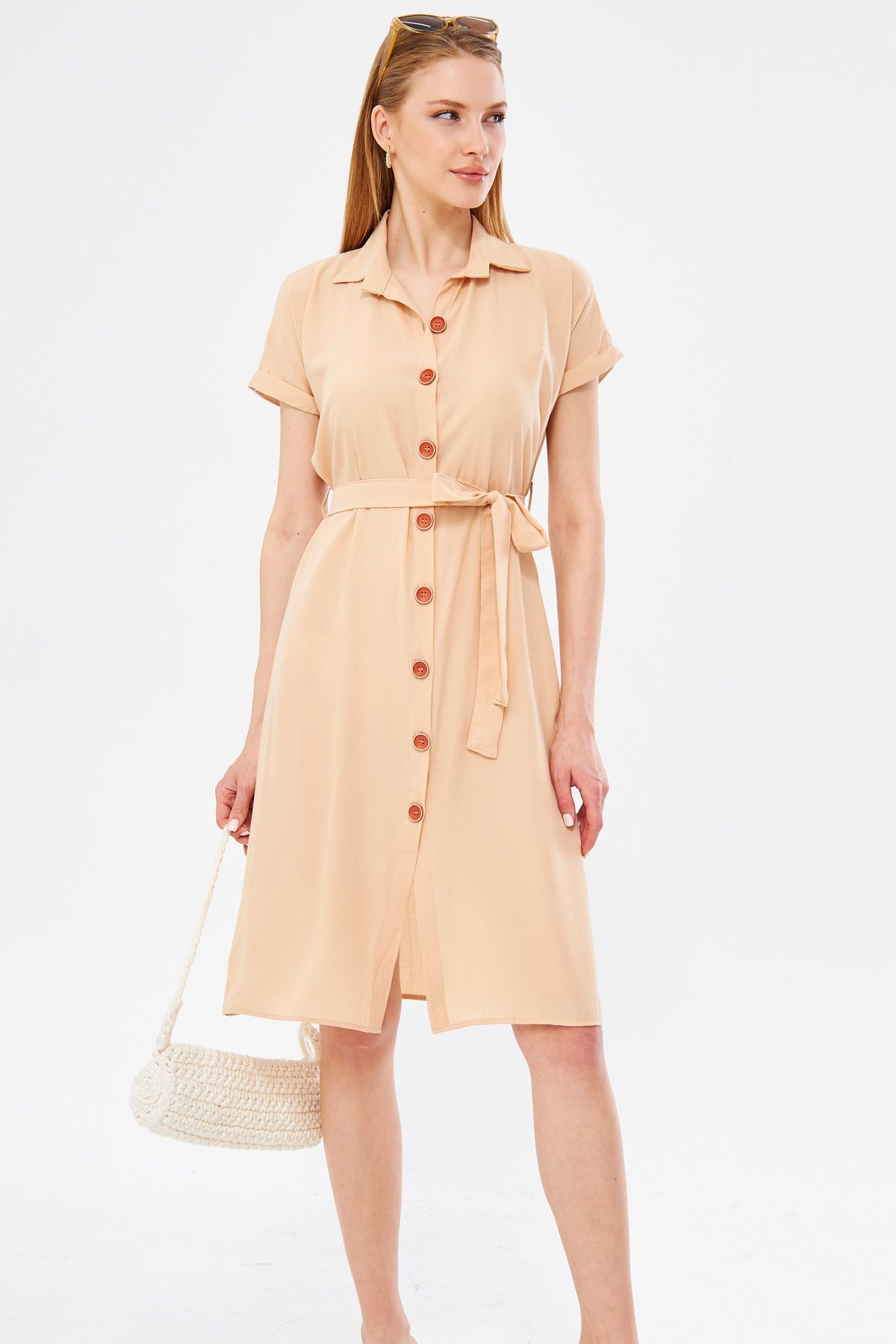 Women's Cream Waist Belt Short Sleeve Shirt Dress ARM-19Y001068