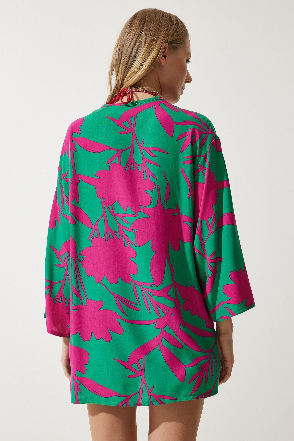 Female green pink patterned viscone Kimono EN00615