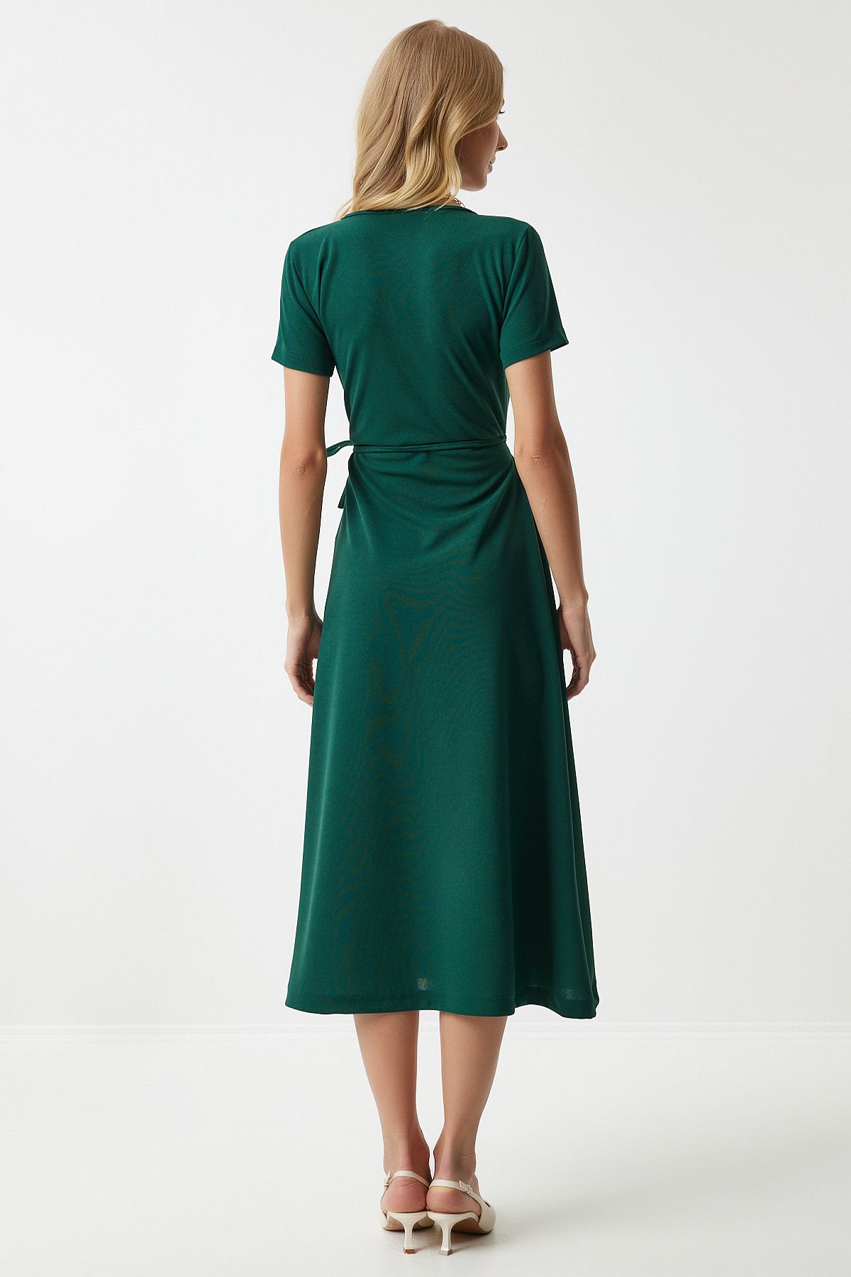 Female Emerald Green V -Yaka Anvelop Midi Knitting Dress to00134