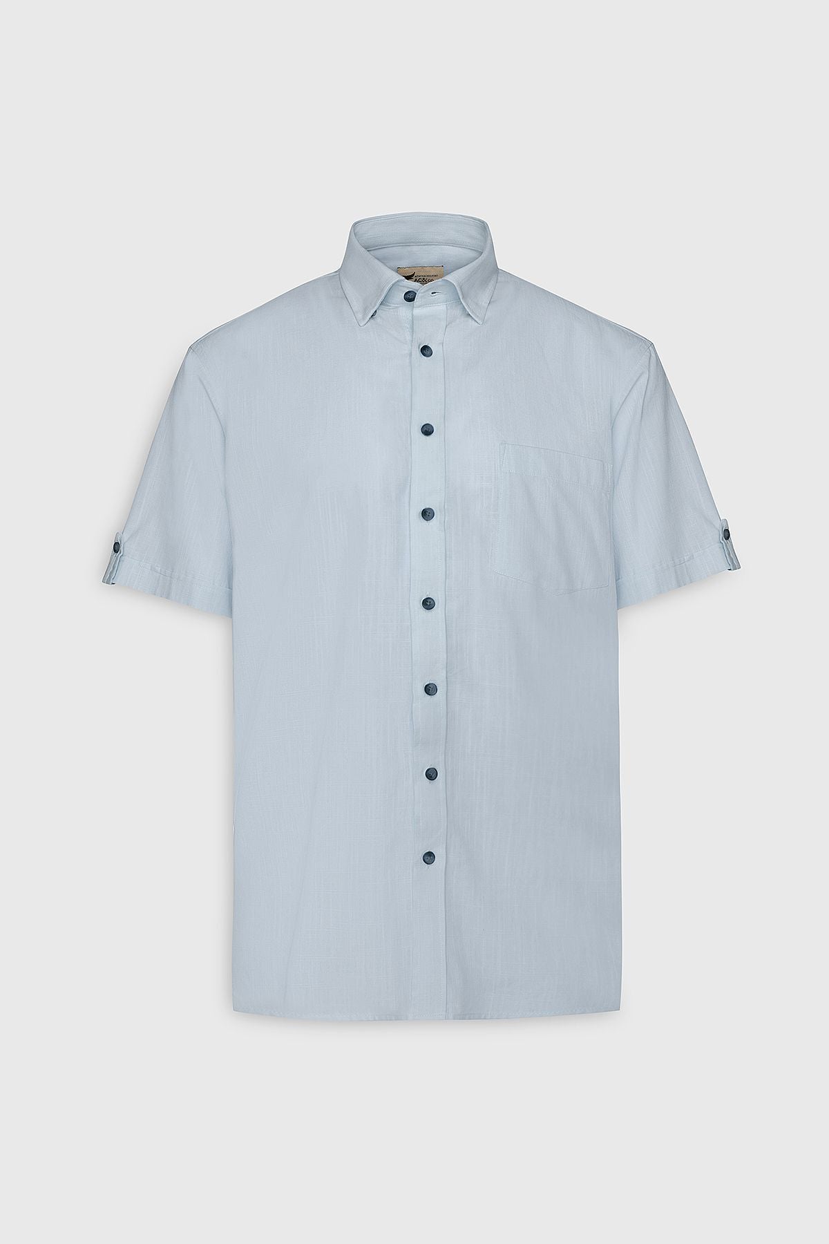 Men's Light Blue Comfort Fit Casual Cutting Buttoned Neck Linen Look 100 %Cotton Short Sleeve Shirt