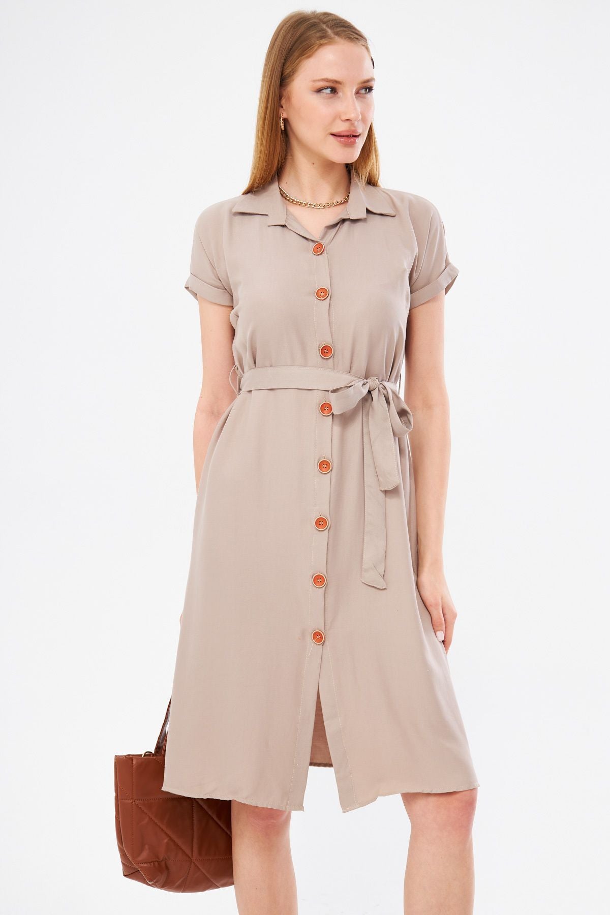 Female Beige Waist Belt Short Sleeve Shirt Dress ARM-19Y001068
